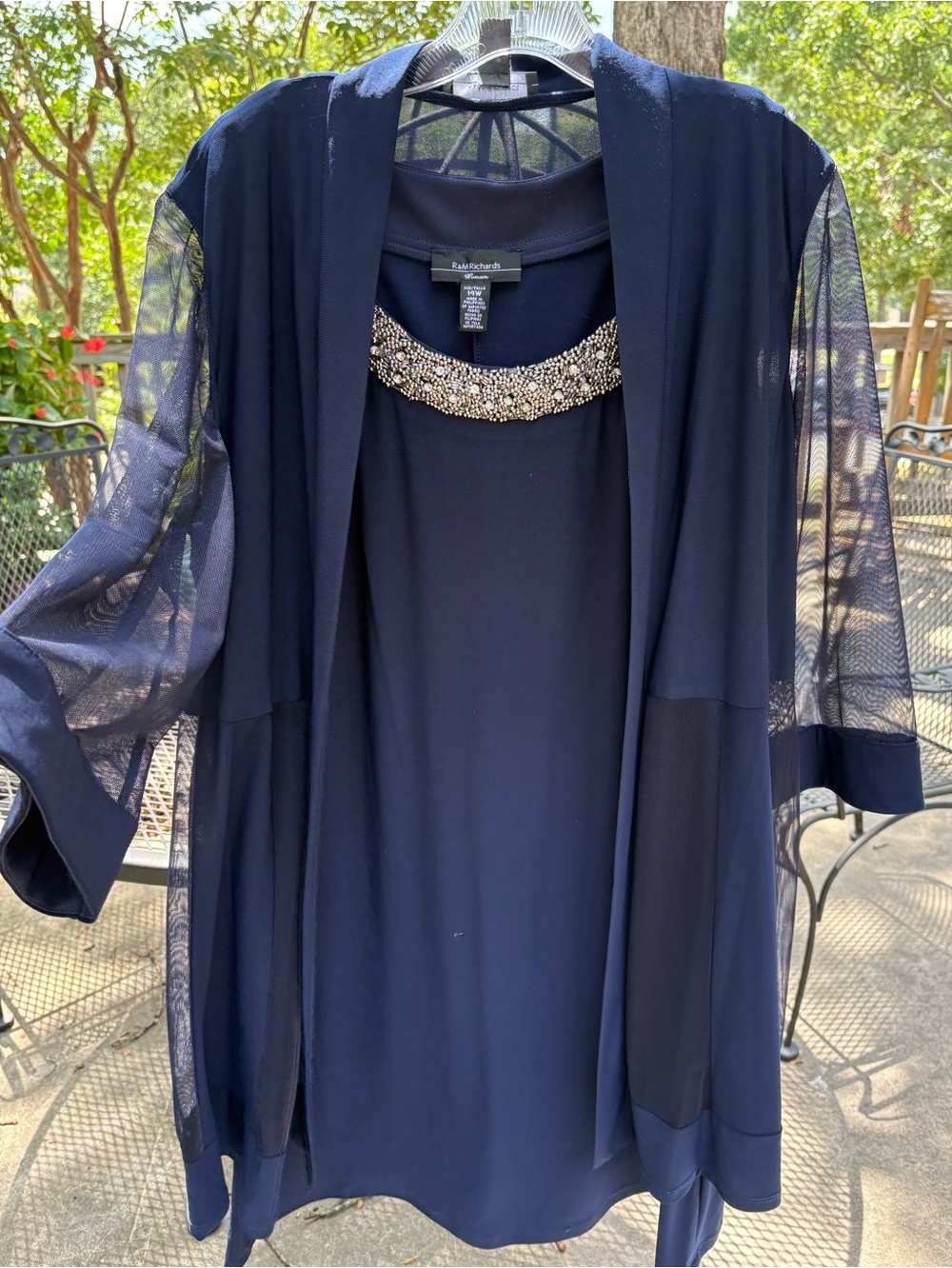 Elegant R&M Richards Navy 2 Piece Dress with Beaded & Rhinestone Jewel Neckline - Picture 5 of 16